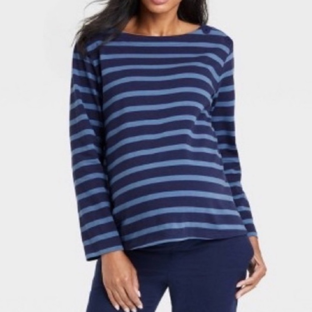 THE NINES BY HATCH Long Sleeve‎ Cotton Boatneck Maternity Blouse Striped, NWT